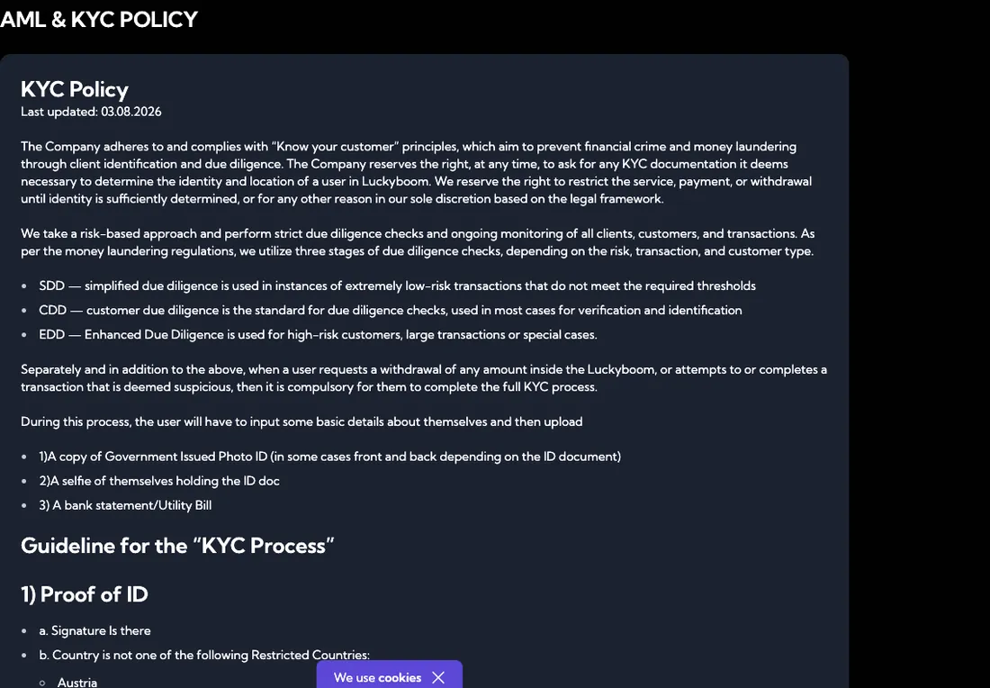 Capture d'écran : politique KYC de LuckyBoom