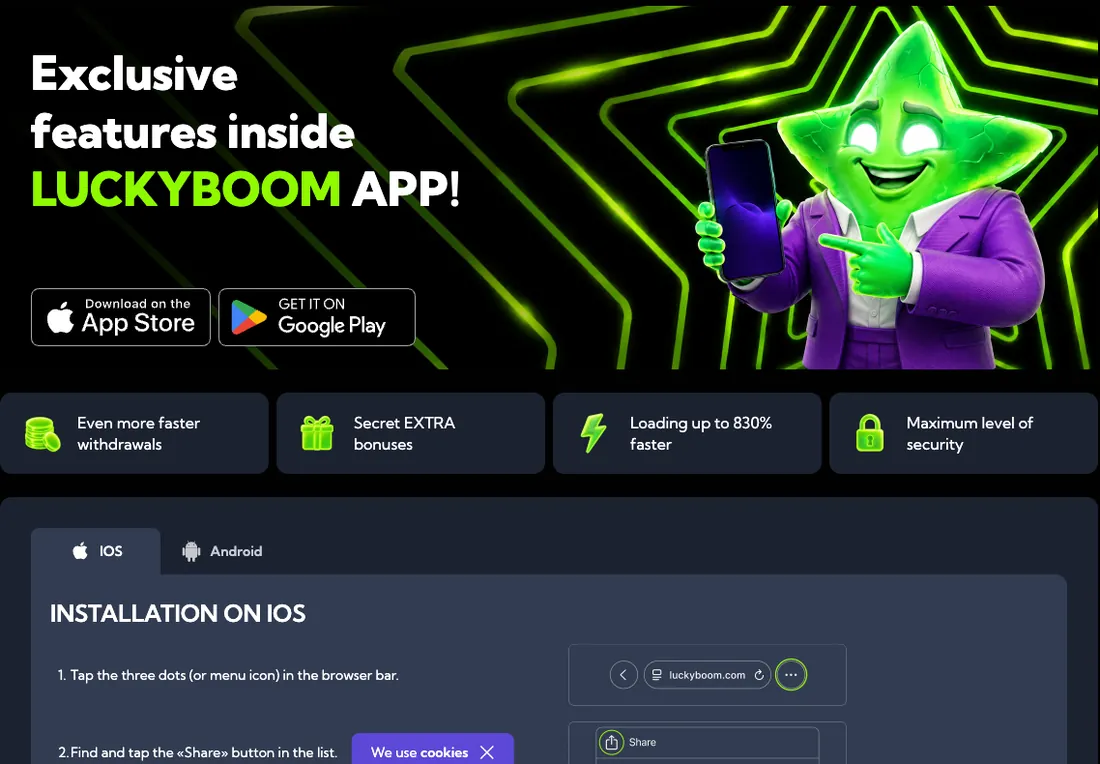 Capture d'écran : instructions d'installation de l'appli LuckyBoom