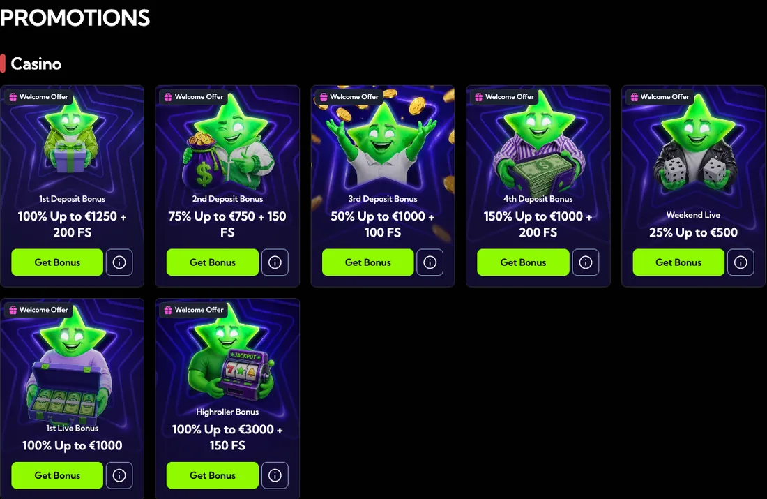 Capture d'écran : page Promo de LuckyBoom avec le pack de bienvenue